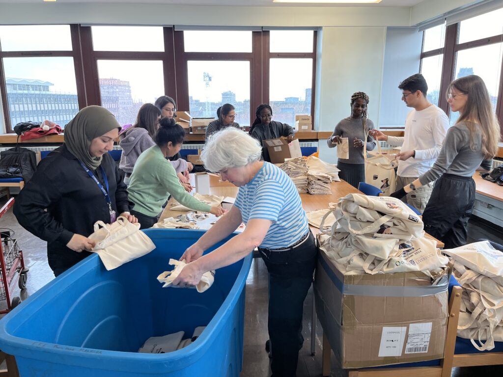 A hive of bag packing activity the day before