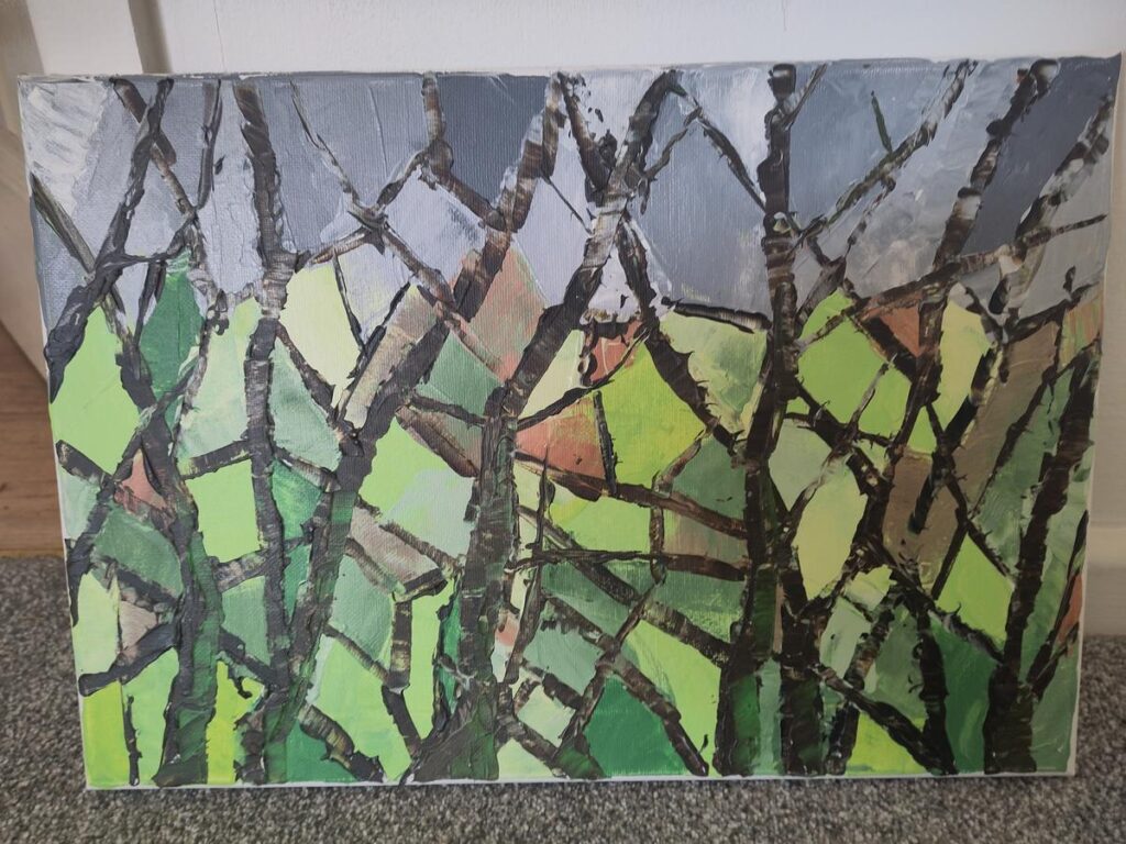 A semi abstract painting of wet hills through trees