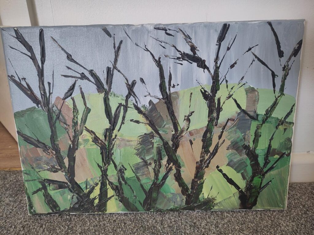 A painting of hills through trees, on a damp morning