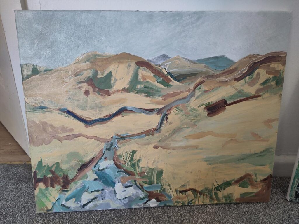 A painting of the back road to Ponterwyd from the hills behind Nant Yr Arian