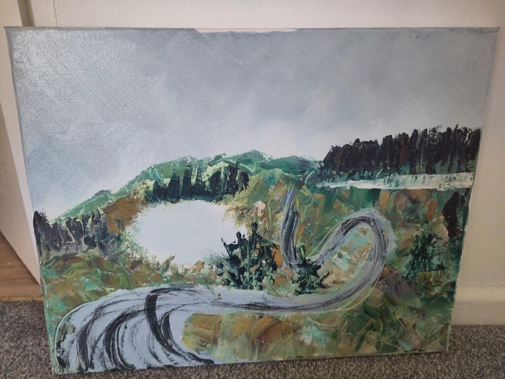 A semi abstract painting of a mountain bike trail - the blue run at Nant Yr Arian
