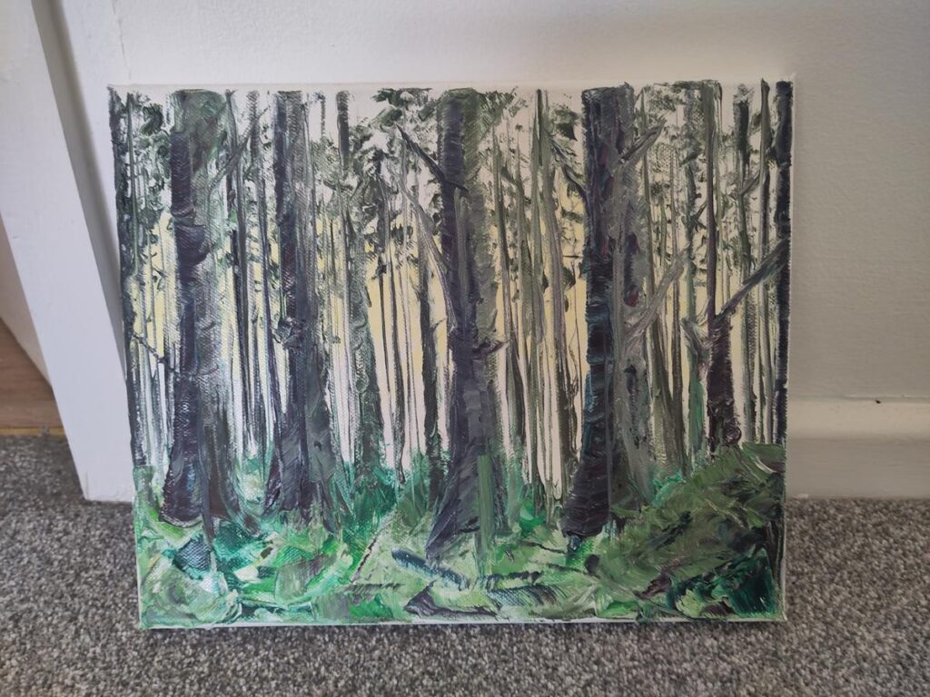 a painting of conifers in Nant yr Arian woods