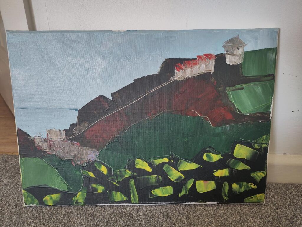 A semi-abstract painting of constitution hill in Aberystwyth