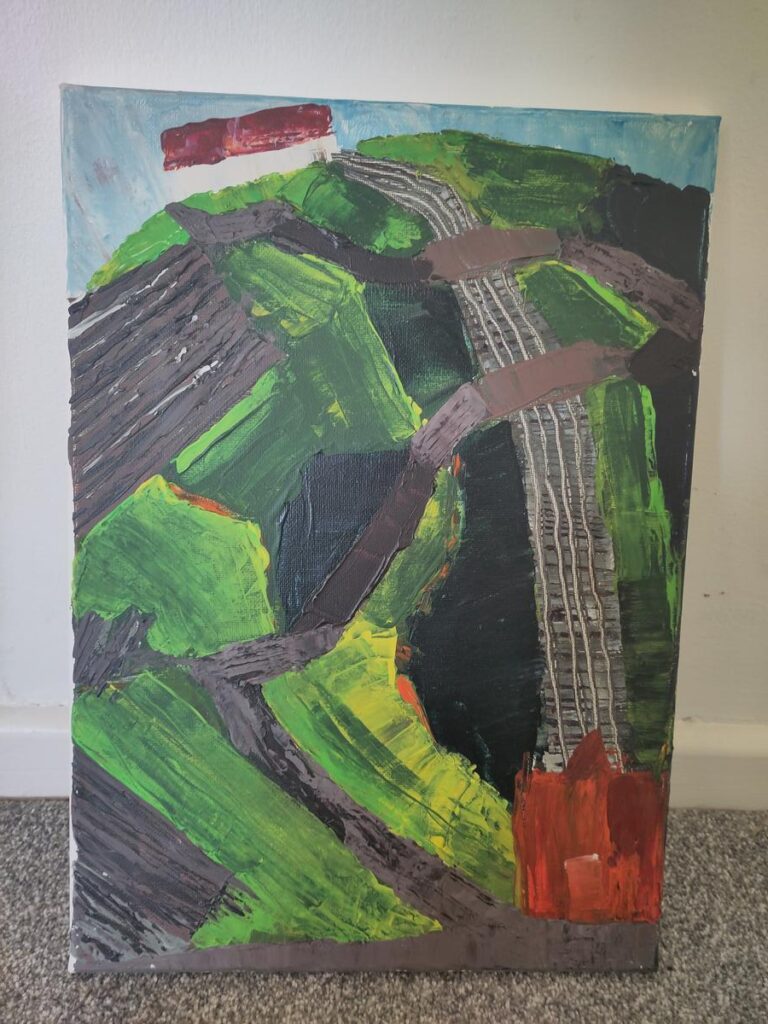 A semi-abstract acrylic painting of Constitution Hill
